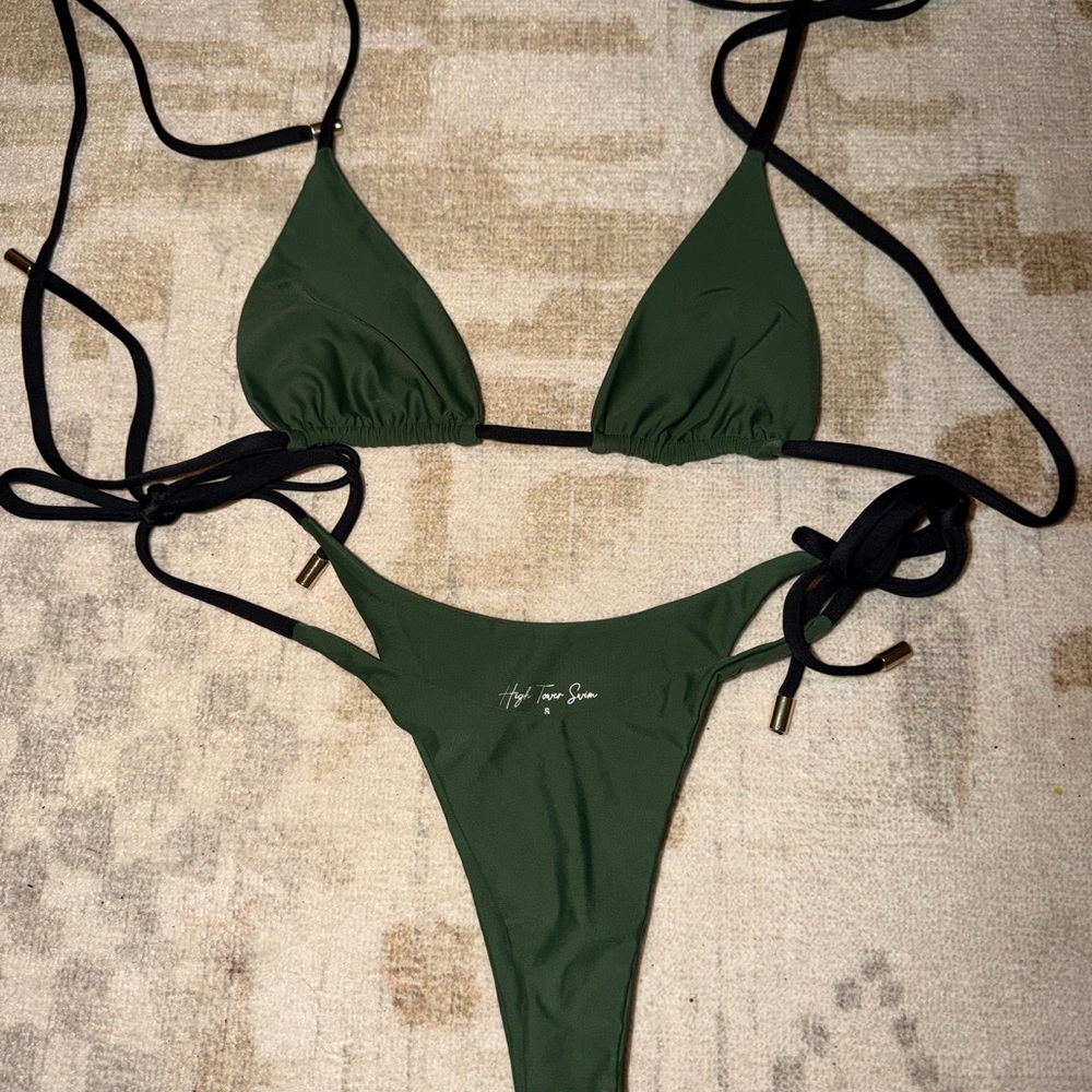High Rise Olive Green Triangle Bikini Set with Black Ties